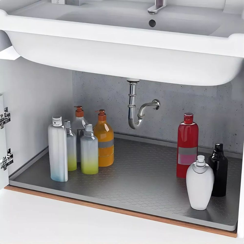Silicone Under Sink Mat with Raised Edges and Non-Slip Surface, Trimmable
