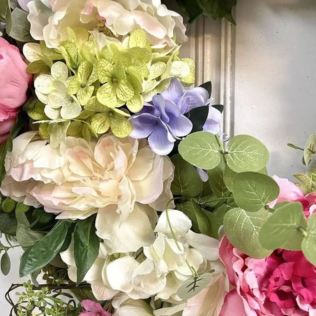 Synthetic Hydrangea Wreath with Rainbow Petals and Green Foliage, 13.78 inches