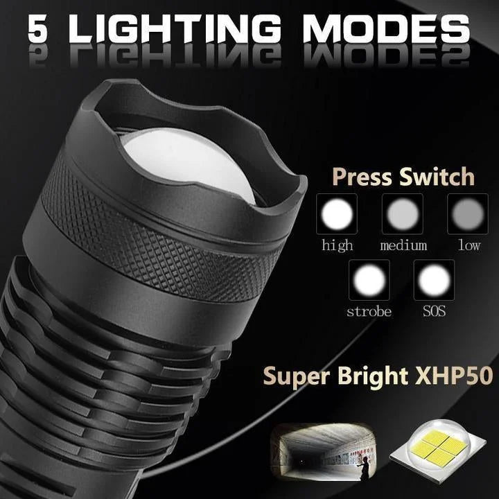 Rechargeable Flashlight with Telescopic Zoom and 90,000 Lumen Output, Water Resistant