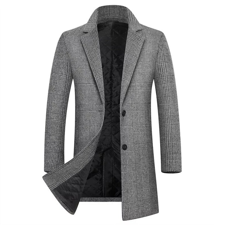 Warm Men’s Plaid Wool Coat with Quilted Cotton Lining
