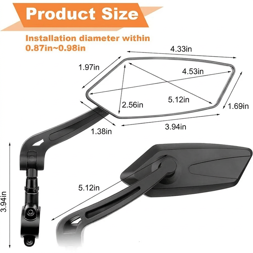 Handlebar Mirrors with 360-Degree Rotation and Wide Angle Glass, Foldable Design