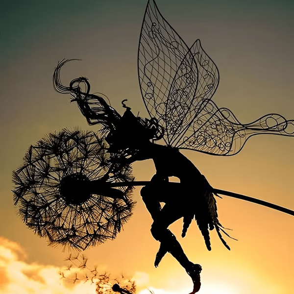 Steel Fairy Garden Sculpture with Dandelion Design and Rust-Resistant Coating