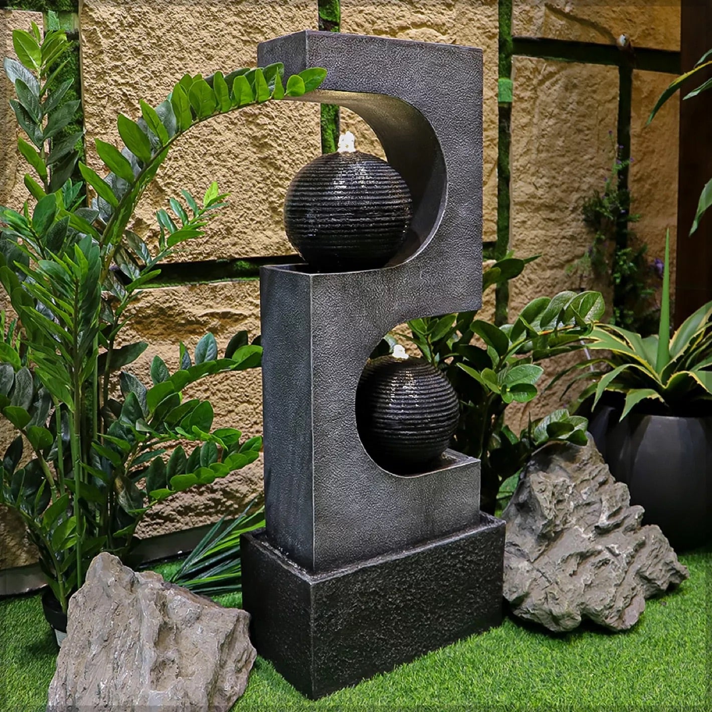 Havo Tall Modern Water Fountain with LED Lights, Black