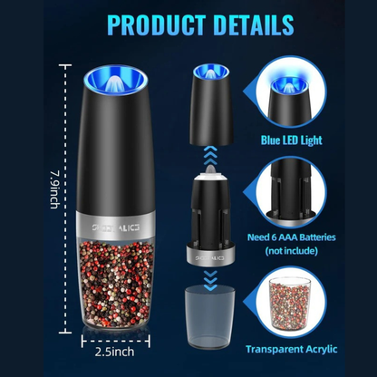 Electric Pepper Grinder with Gravity Sensor and Adjustable Coarseness, LED Light