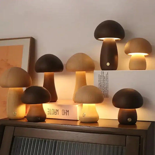 Wooden Mushroom Night Light with Touch Control and Rechargeable Battery