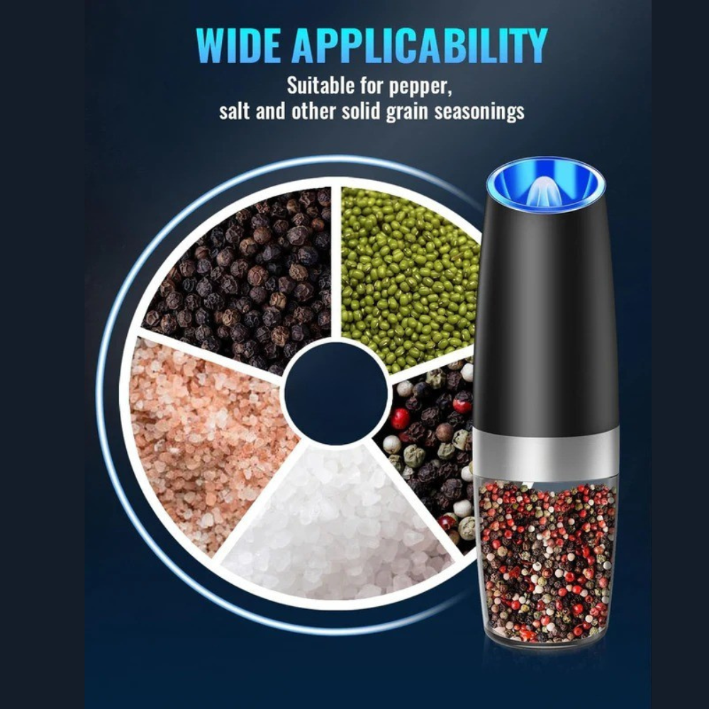 Electric Pepper Grinder with Gravity Sensor and Adjustable Coarseness, LED Light
