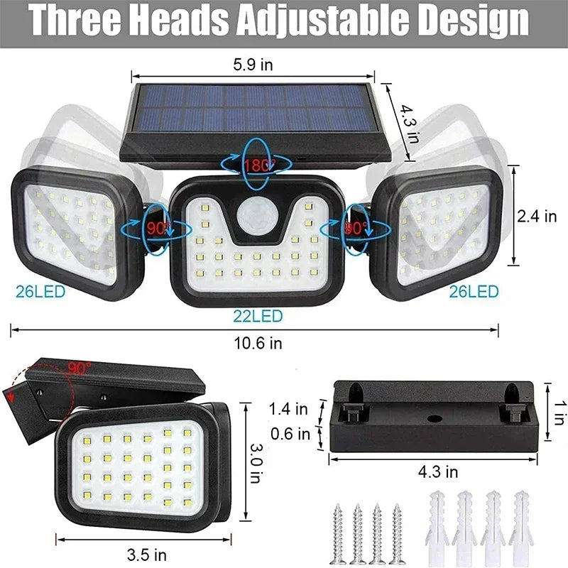 Solar Motion Sensor Light with 74 LED Bulbs and Adjustable Head for Outdoor Yards