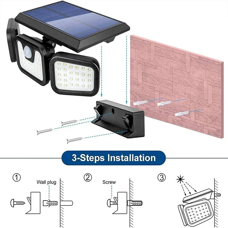 Solar Motion Sensor Light with 74 LED Bulbs and Adjustable Head for Outdoor Yards