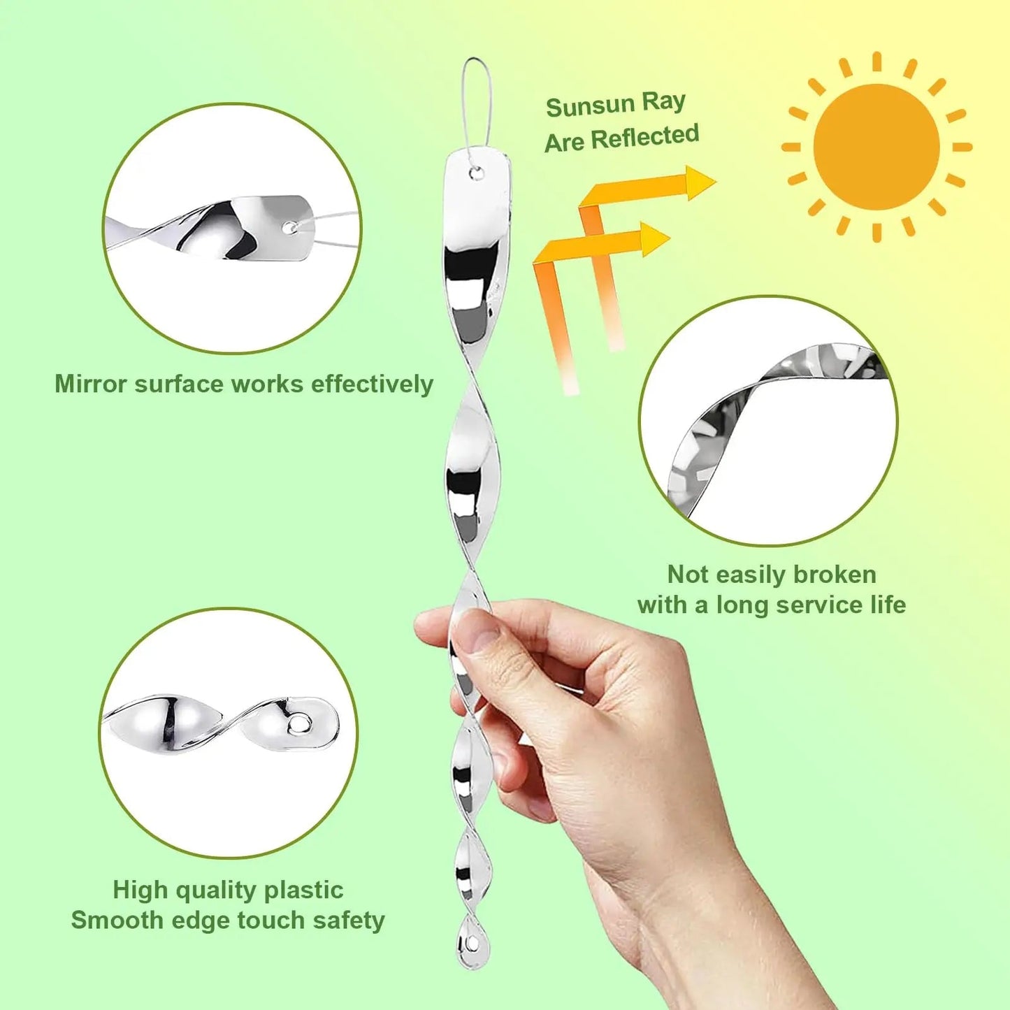 Rotating Reflective Spiral Rod with Included Hanging Rope for Bird Deterrent