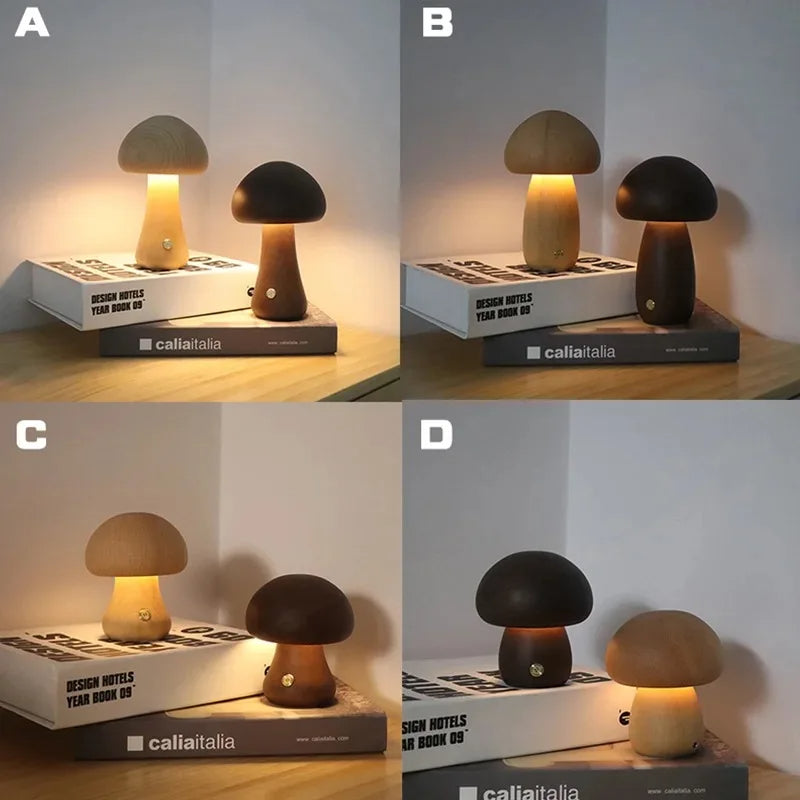 Wooden Mushroom Night Light with Touch Control and Rechargeable Battery