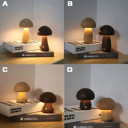 Wooden Mushroom Night Light with Touch Control and Rechargeable Battery