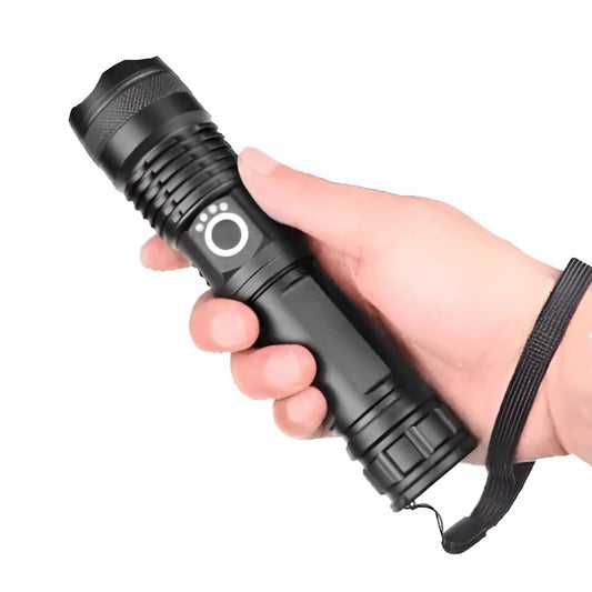 Rechargeable Flashlight with Telescopic Zoom and 90,000 Lumen Output, Water Resistant