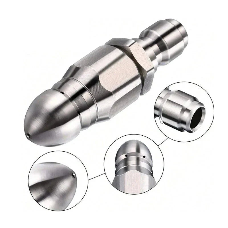 Drain Cleaning Nozzle with Rotating Jet Propulsion and Pointed Tip for Pressure Washers