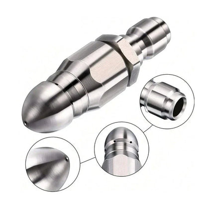 Drain Cleaning Nozzle with Rotating Jet Propulsion and Pointed Tip for Pressure Washers