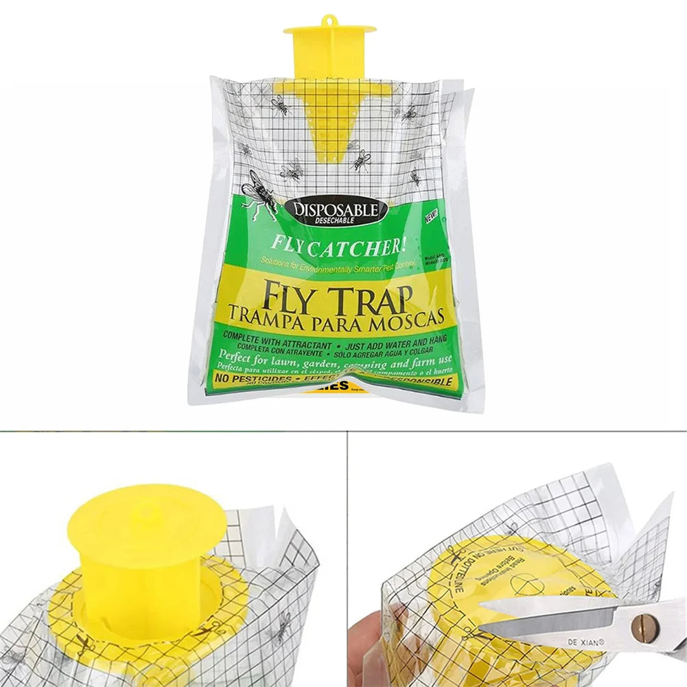 Disposable Fly Trap with Water Activated Bait and Hanging Loop for Outdoor Use