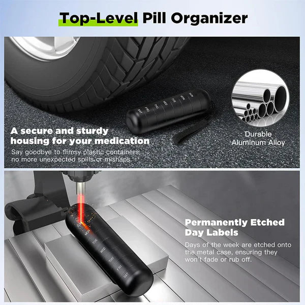 Weekly Pill Organizer with Waterproof Aluminum Construction and Silicone Gaskets