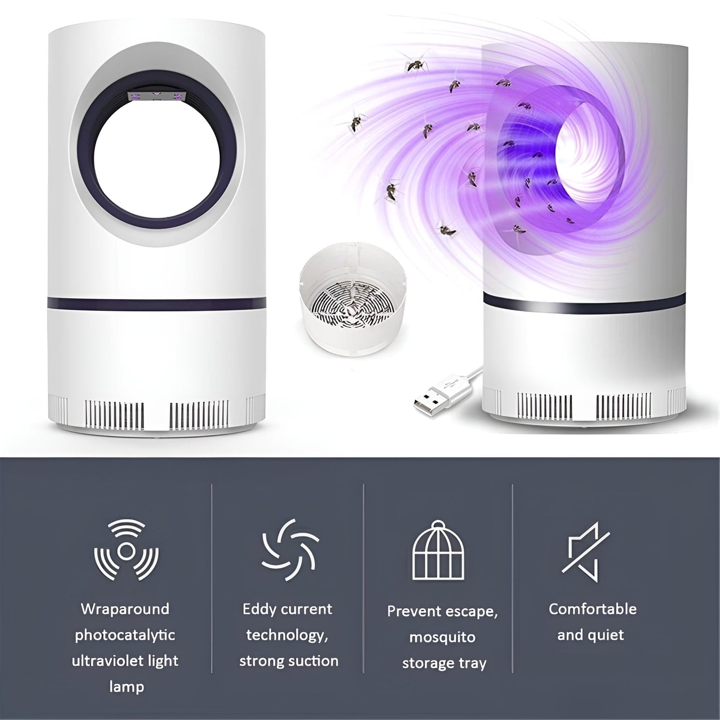 Silent UV Mosquito and Fly Trap with 6 LED Bulbs and Removable Collection Tray