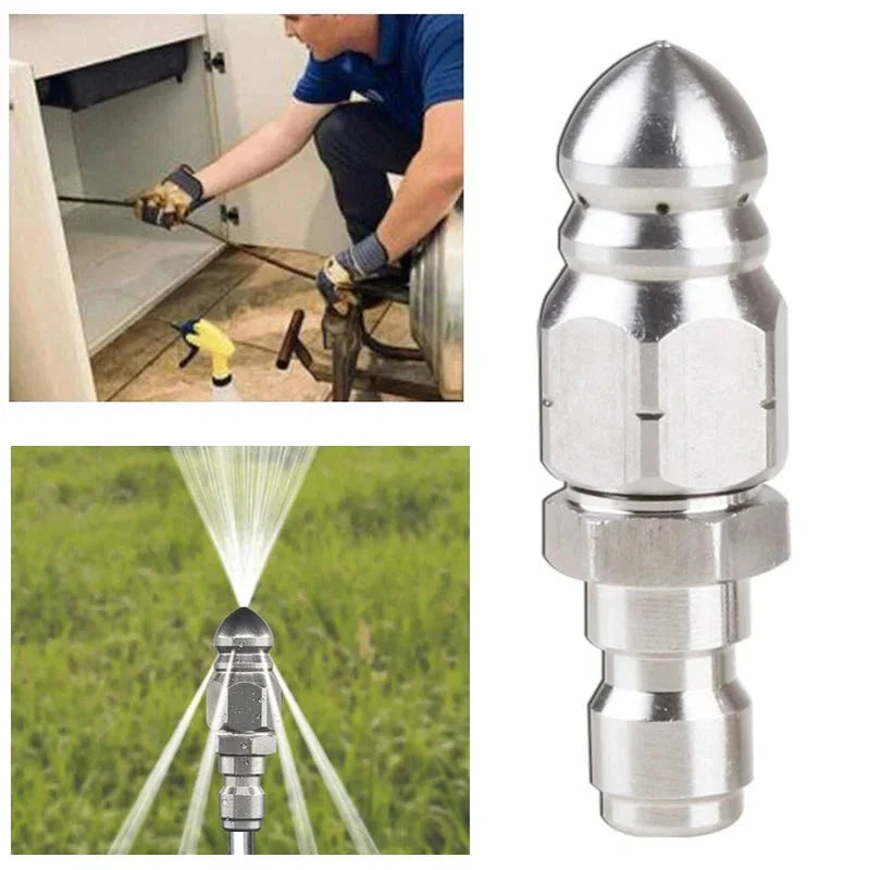 Drain Cleaning Nozzle with Rotating Jet Propulsion and Pointed Tip for Pressure Washers