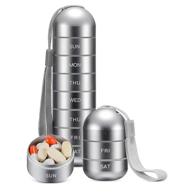 Weekly Pill Organizer with Waterproof Aluminum Construction and Silicone Gaskets
