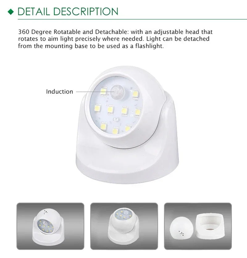 Motion-Activated LED Spotlight with 360° Rotatable Head and Weatherproof Design