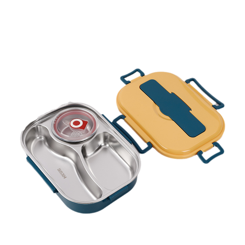 Stainless Steel Lunch Box with Snap Closure and Divided Compartments, Includes Soup Bowl