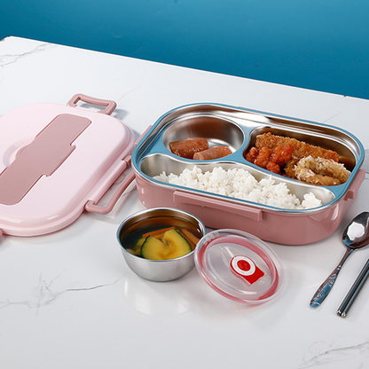 Stainless Steel Lunch Box with Snap Closure and Divided Compartments, Includes Soup Bowl