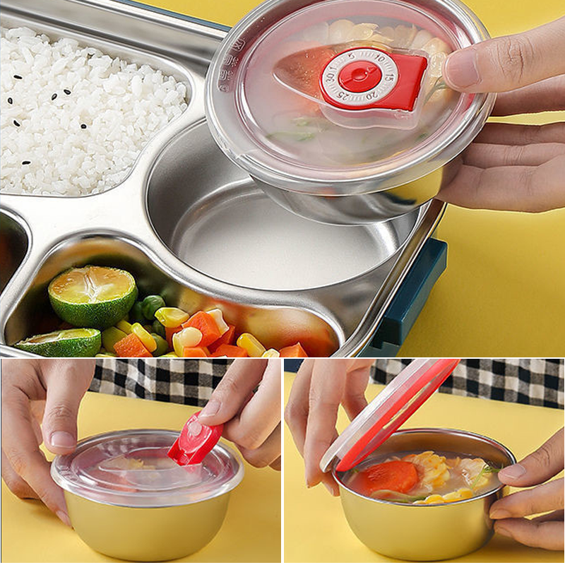 Stainless Steel Lunch Box with Snap Closure and Divided Compartments, Includes Soup Bowl