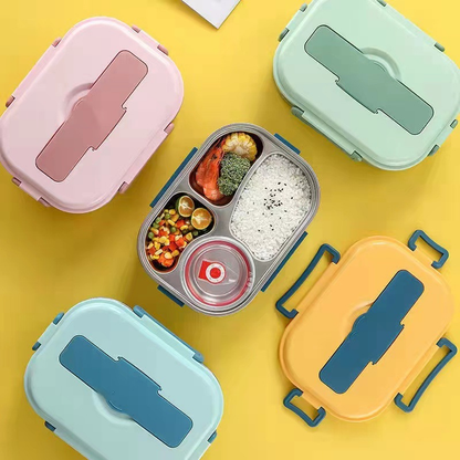 Stainless Steel Lunch Box with Snap Closure and Divided Compartments, Includes Soup Bowl