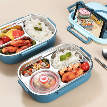 Stainless Steel Lunch Box with Snap Closure and Divided Compartments, Includes Soup Bowl