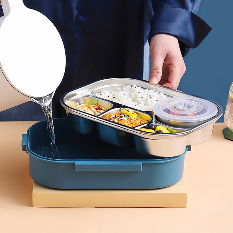 Stainless Steel Lunch Box with Snap Closure and Divided Compartments, Includes Soup Bowl