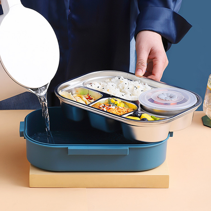 Stainless Steel Lunch Box with Snap Closure and Divided Compartments, Includes Soup Bowl