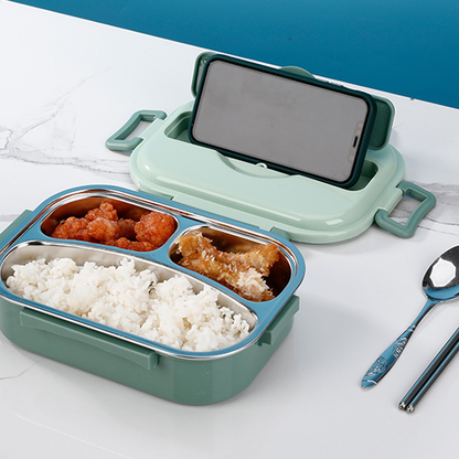 Stainless Steel Lunch Box with Snap Closure and Divided Compartments, Includes Soup Bowl