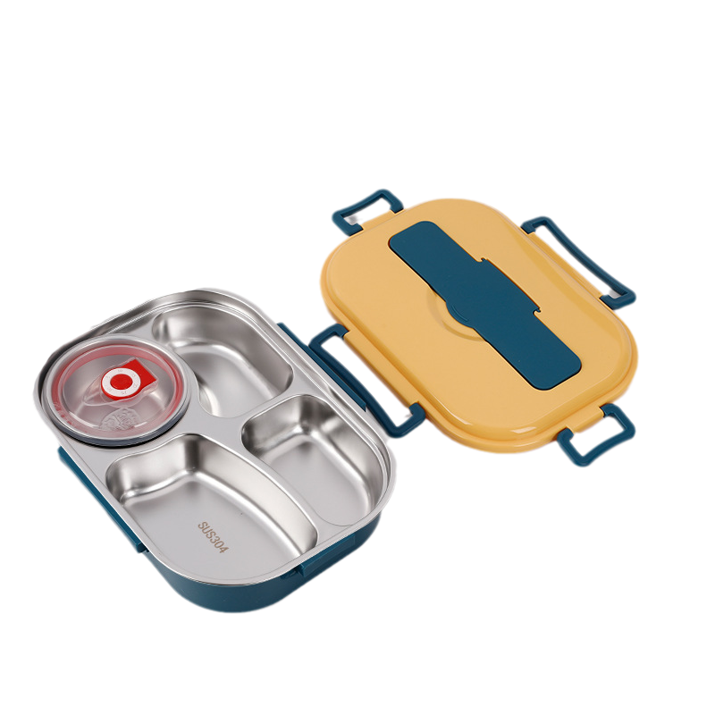 Stainless Steel Lunch Box with Snap Closure and Divided Compartments, Includes Soup Bowl