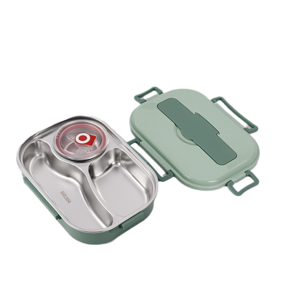 Stainless Steel Lunch Box with Snap Closure and Divided Compartments, Includes Soup Bowl