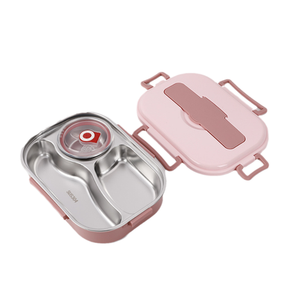Stainless Steel Lunch Box with Snap Closure and Divided Compartments, Includes Soup Bowl