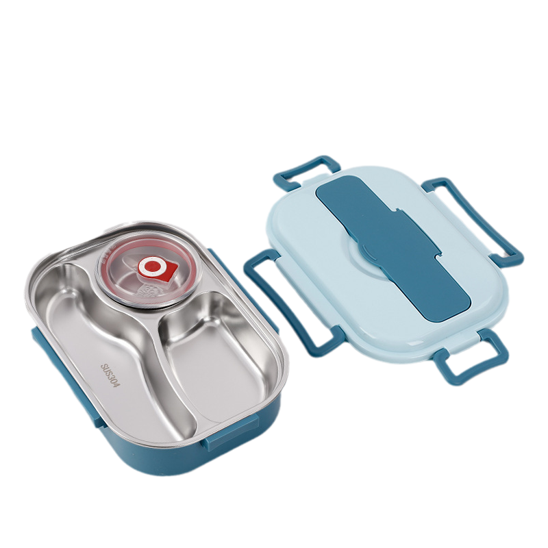 Stainless Steel Lunch Box with Snap Closure and Divided Compartments, Includes Soup Bowl