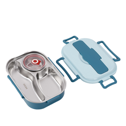 Stainless Steel Lunch Box with Snap Closure and Divided Compartments, Includes Soup Bowl