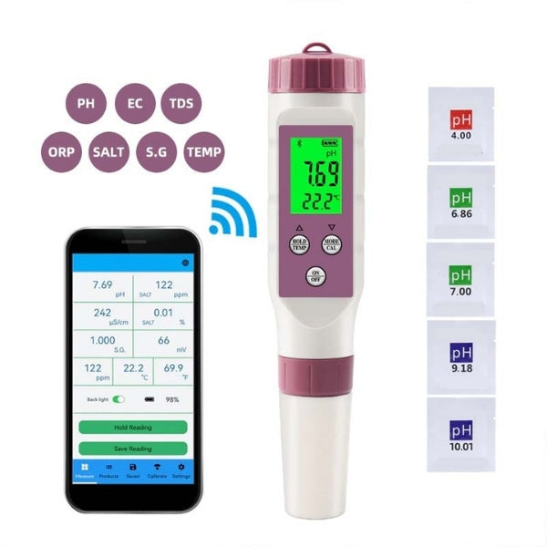 Digital Water Quality Tester with 7-Metric Probe and Smartphone App Connectivity