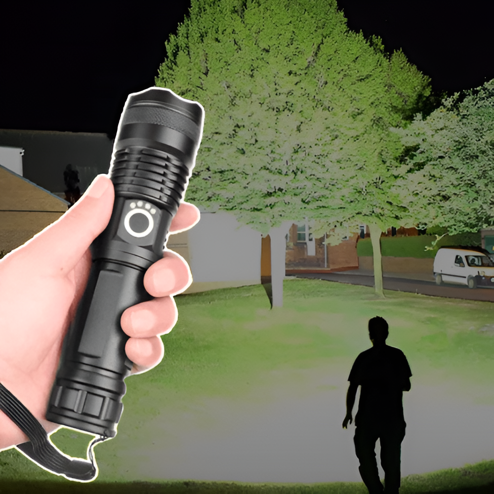 Rechargeable Flashlight with Telescopic Zoom and 90,000 Lumen Output, Water Resistant