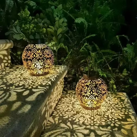 Decorative Solar LED Lantern with Hollow Wrought Iron Pattern and Automatic Dusk Activation