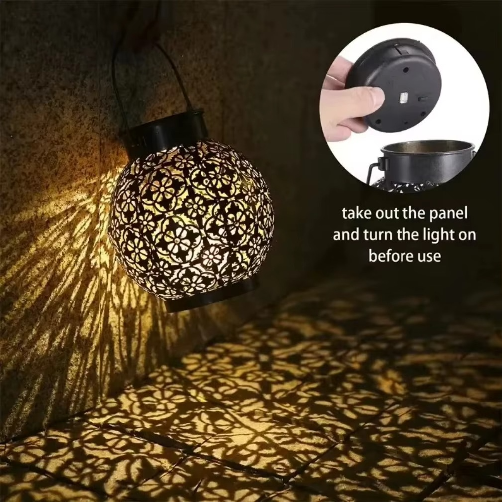 Decorative Solar LED Lantern with Hollow Wrought Iron Pattern and Automatic Dusk Activation