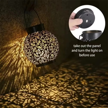 Decorative Solar LED Lantern with Hollow Wrought Iron Pattern and Automatic Dusk Activation