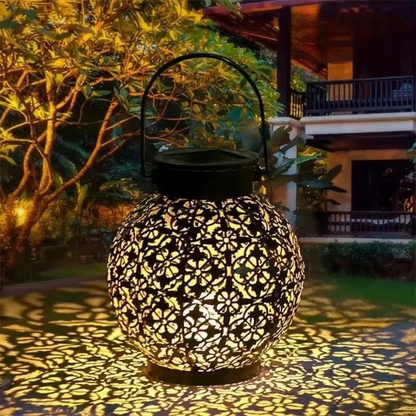 Decorative Solar LED Lantern with Hollow Wrought Iron Pattern and Automatic Dusk Activation