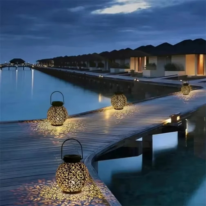 Decorative Solar LED Lantern with Hollow Wrought Iron Pattern and Automatic Dusk Activation