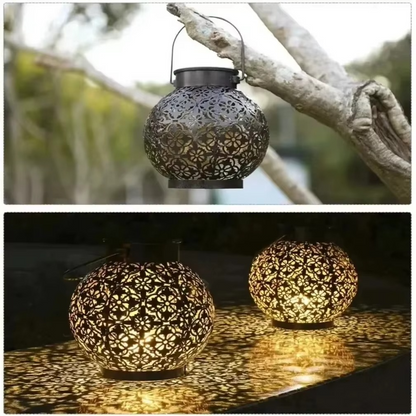 Decorative Solar LED Lantern with Hollow Wrought Iron Pattern and Automatic Dusk Activation