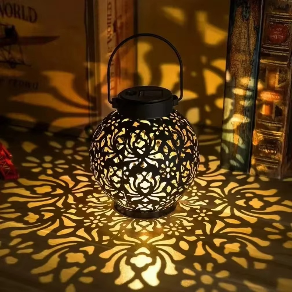 Decorative Solar LED Lantern with Hollow Wrought Iron Pattern and Automatic Dusk Activation