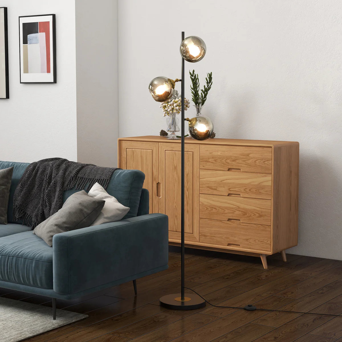 Bellro 3-Light Floor Lamp with Adjustable Glass Shades, 63.8"