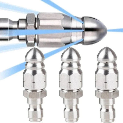 Drain Cleaning Nozzle with Rotating Jet Propulsion and Pointed Tip for Pressure Washers