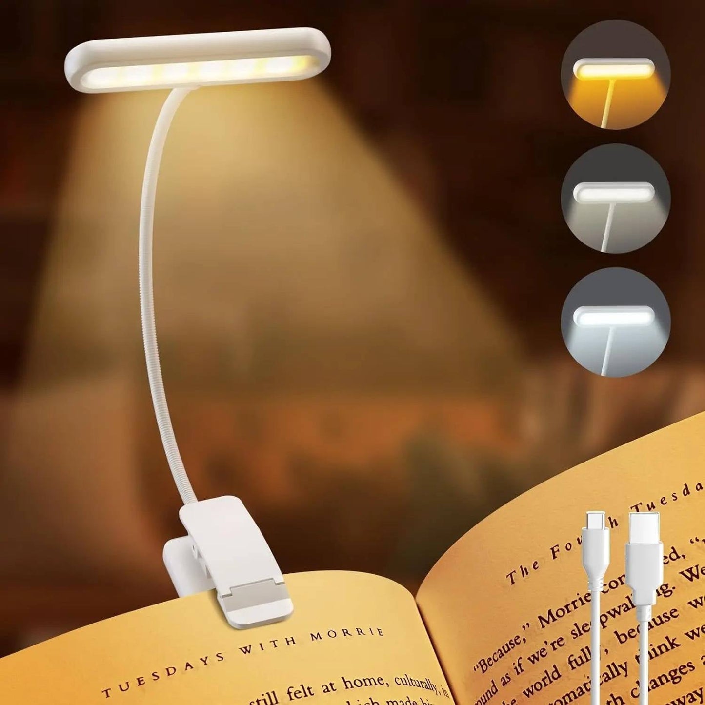 Clip-On Book Light with 19 LED Beads and 3 Color Temperatures, Flexible Neck