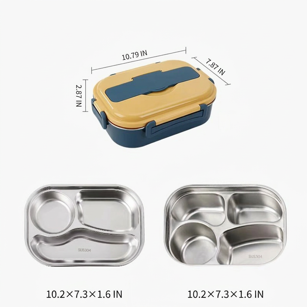 Stainless Steel Lunch Box with Snap Closure and Divided Compartments, Includes Soup Bowl